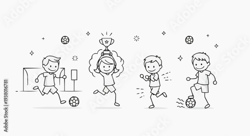 A vector illustration of children playing soccer with a trophy