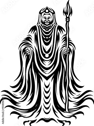 SVG dark fantasy Ghost Sea Kings skull ghost tattoo design. Mysterious hooded figure with staff in intricate black and white design