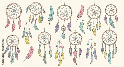 Collection of boho dreamcatchers with colorful feathers and beads hanging against a light background, symbolizing protection and good dreams.