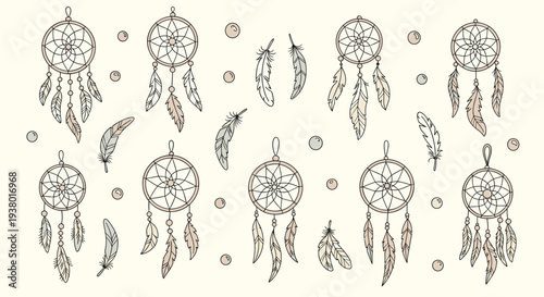 Collection of Hand Drawn Dreamcatchers and Feathers with Subtle Dots on a Creamy Background Bohemian Style Illustration