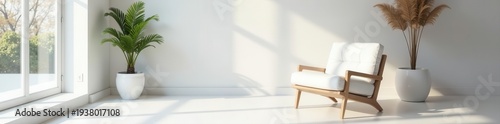 Modern white armchair in bright living room Minimalist design, natural light , clean, wood, wall
