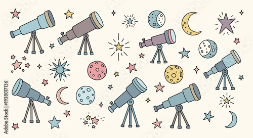 Whimsical collection of telescopes and celestial bodies like moons and stars in a charming doodle art style