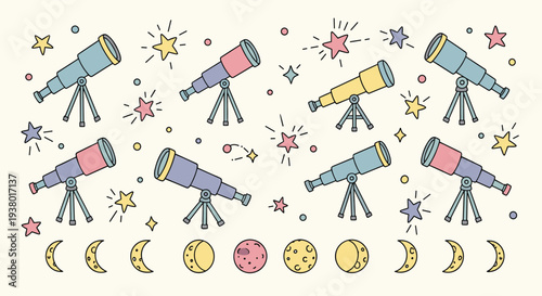 Whimsical telescopes and celestial bodies pattern with moon phases and stars on a light background