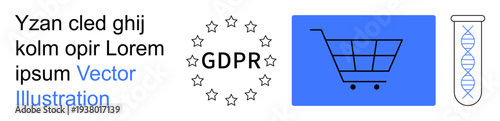 Data security, GDPR, privacy rights, digital shopping, biotechnology ethics, regulatory compliance. Features GDPR emblem, shopping cart icon and DNA illustration. Data security and GDPR concept