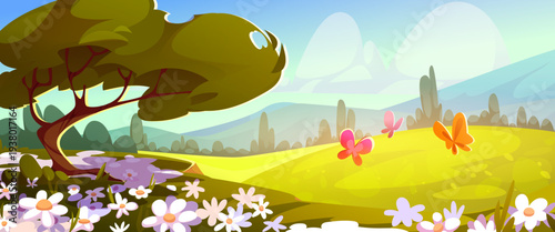 Spring green grass meadow landscape with blooming flowers, forest hills, and flying butterflies, cartoon vector background. Mountains valley with daisies, blue sky, fluffy clouds and golden sunlight