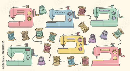 Collection of colorful vintage sewing machines and spools of thread arranged on a light background ideal for crafting and DIY projects