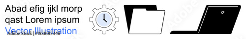 Time management, digital organization, workflow automation, productivity tools, business files, office equipment. Gear with clock, laptop and file folder icons. Time management and digital