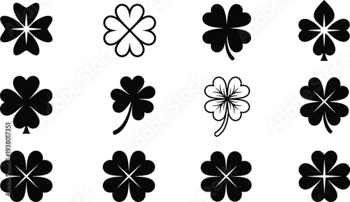 Black silhouette icons of various four leaf clover and shamrock shapes for good luck symbols and cad drawing flat vector illustration