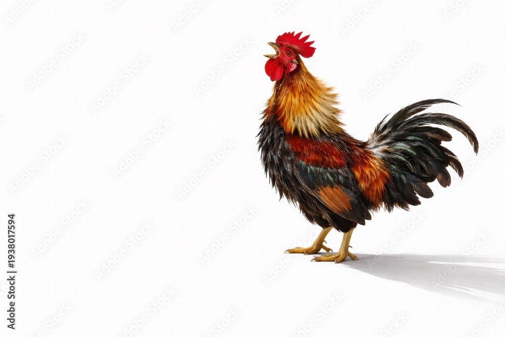 Fototapeta premium Studio photo of a rooster in side profile crowing with a long elegant shadow on white