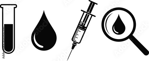 Black silhouette icons of test tube blood drop syringe and magnifying glass for medical research and cad drawing flat vector illustration