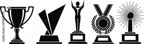 Black silhouette icons of various trophies and awards including champion cups medals and statues for sports business success achievement and recognition