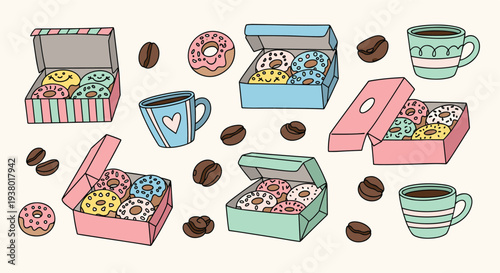 Sweet Treats and Coffee Break Assortment of Delicious Doughnuts and Hot Beverages in a Delightful Morning Scene