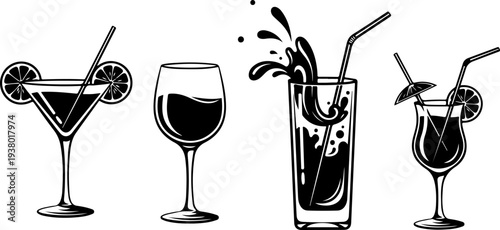  Mixed drink and cocktail icons set. Martini, mojito, whiskey and wine glass beverage symbols for pub, bar and restaurant menu design.eps