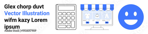 Digital marketing, online business, shopping, customer experience, financial tools, user satisfaction. Calculator, online storefront and happy face icon. E-commerce and digital marketing