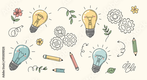 Creative light bulb ideas and inspiration symbols with gears pencils and floral elements on a light background