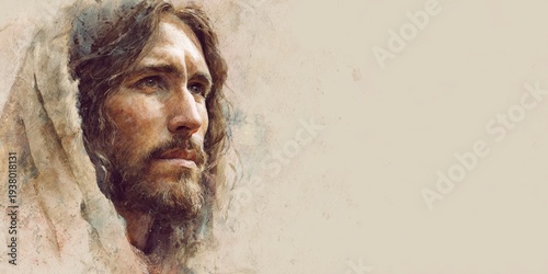 Portrait of Jesus Christ with contemplative expression in soft painterly warm tones