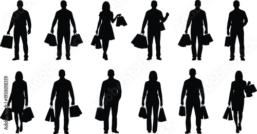 Black silhouettes of diverse men and women people carrying shopping bags isolated on white background for seasonal sale and retail consumerism
