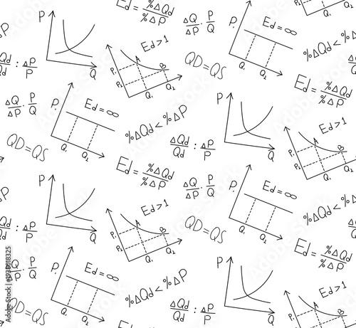 Seamless microeconomics pattern. Handwritten Price elasticity of demand graph and formulas for calculating price elasticity