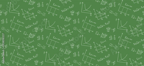 Seamless microeconomics pattern. Handwritten Price elasticity of demand graph and formulas for price elasticity