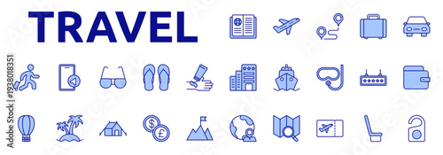 Travel icon color lineal style with passport, airplane, route, suitcase, car rental, hotel, cruise, snorkeling icons