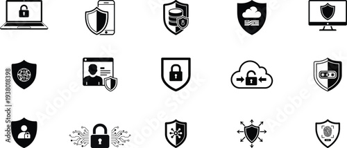 Security icons set with shields locks and devices