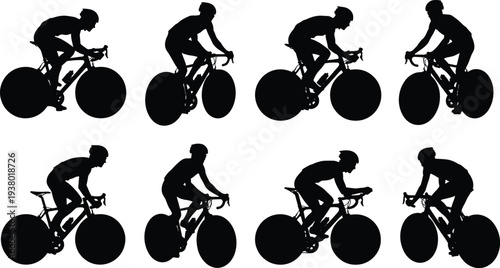 Black silhouettes of professional road cyclists riding bicycles in racing positions isolated on white background for sports and endurance competition
