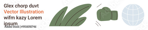 Eco activism, sustainable practices, global unity, sports collaboration, environmental advocacy, and teamwork. A boxing glove, abstract leaf and globe. Sustainable practices and global unity