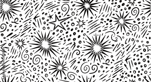 Hand Drawn Starbursts and Swirls Pattern.