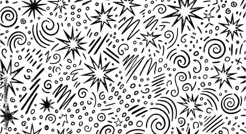 Hand Drawn Starbursts Swirls and Dots Pattern.