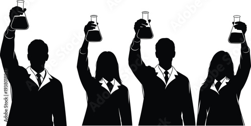 Black silhouettes of scientist team holding glass flasks up isolated on white background for medical research science success and laboratory discovery