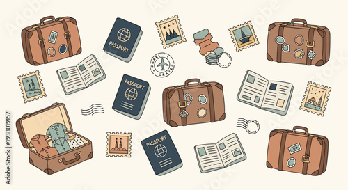 Vintage travel suitcases passports stamps and coins scattered on a light background illustration