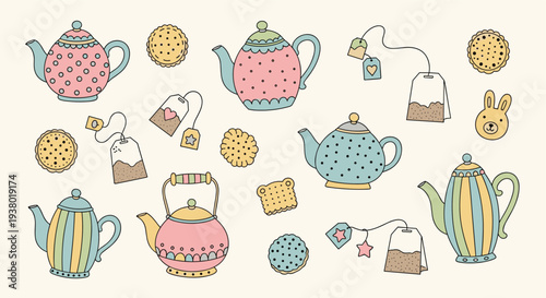 Charming Hand Drawn Teapots and Tea Bags Collection Featuring Cute Cookies and a Bunny Illustration on a Cream Background