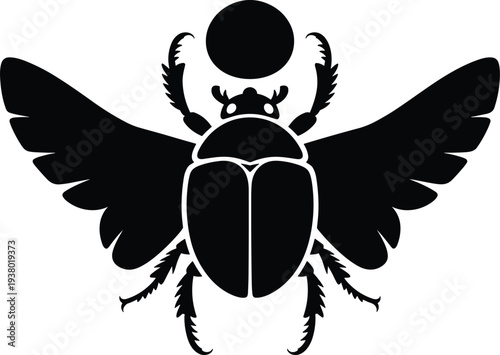 Ancient Egyptian scarab beetle silhouette, wings spread, sun symbol, mythology icon, rebirth transformation, protection symbol, cultural heritage, spiritual art design