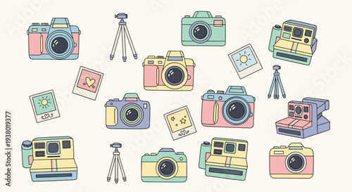 A delightful collection of vintage and modern cameras and instant photo prints scattered across a soft cream background creating a nostalgic and artistic composition