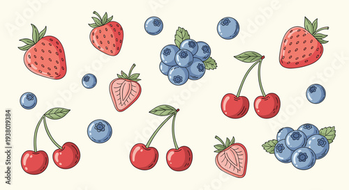 Freshly Picked Assortment of Ripe Strawberries Blueberries and Cherries on a Light Background