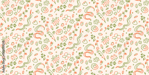 Seamless Floral Pattern With Hand Drawn Flowers, Leaves And Plants. Cute Childlike Doodle Botanical Illustration With Simple Shapes. Decorative Background For Wrapping Paper, Textile And Fabric Design