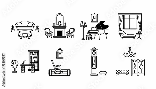 Vintage Furniture and Home Decor Icons - Line Art