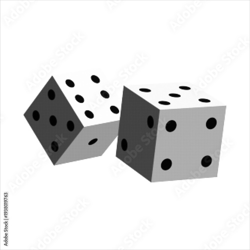 Black and white halftone illustration of two dice in perspective. Concept of gambling, chance, probability and game outcome. Minimal geometric graphic isolated on light background.