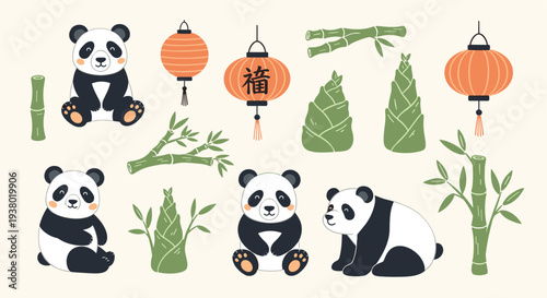 Charming Panda Bears and Bamboo Elements with Traditional Lanterns for a Festive Asian Theme