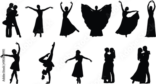 Set of elegant black dancer silhouettes including ballet, ballroom couples, contemporary performers, and artistic poses isolated on a white background.