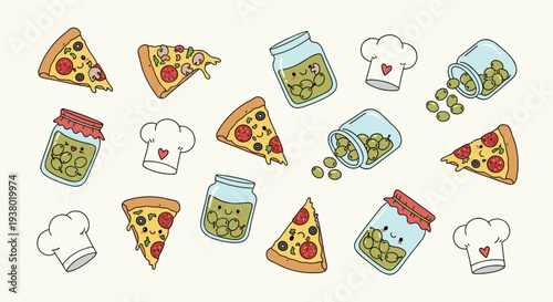 Whimsical Cartoon Food Icons Featuring Delicious Pizza Slices and Pickled Olives in Jars with Chef Hats on a Light Background