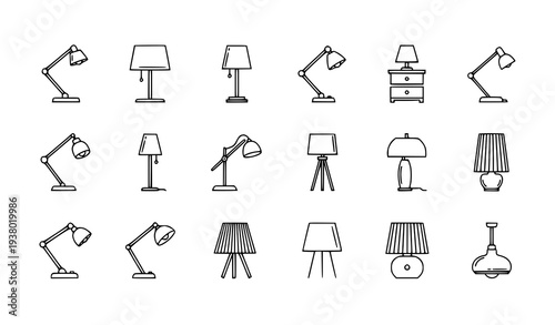Minimalist interior lamp line icon set with modern table floor and desk lighting symbols vector collection