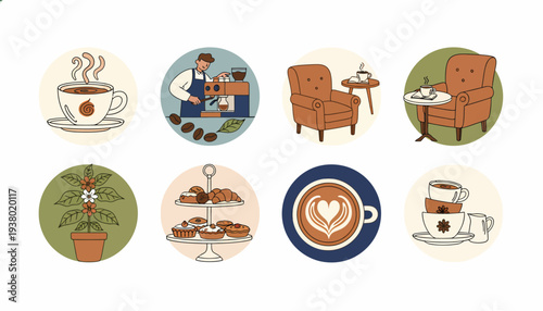 Coffee Shop Icons: Barista, Coffee, Pastries, Plant, Armchair