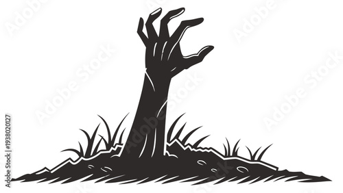 Zombie hand emerging from dark grave with grass