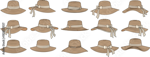 Women Straw Sun Hat Collection with Ribbon Bow Summer Fashion Accessory Vector Illustration Set for Beach Vacation Style and Fashion Design