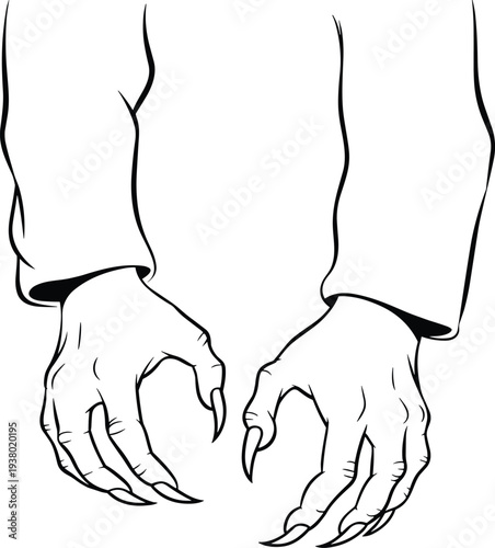 Clawed hand silhouettes, fantasy horror illustration, black vector design, supernatural creature artwork, eerie character concept, mystical monster symbol art