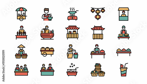 Street Food Icons: Vendors, Carts, and Asian Market Stalls