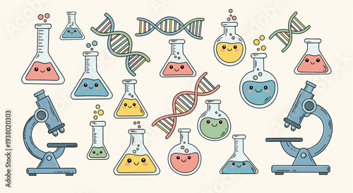 Cute Kawaii Science Laboratory Equipment and DNA Strands with Happy Faces for Educational and Research Concepts