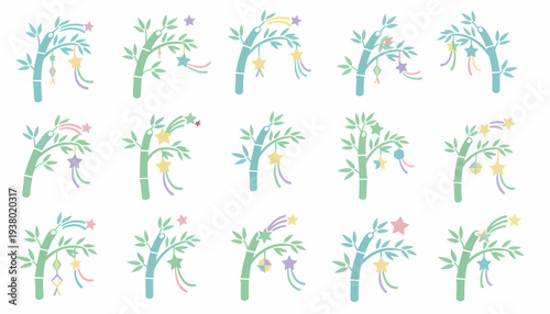 Tanabata Festival Bamboo Branches with Colorful Star Decorations