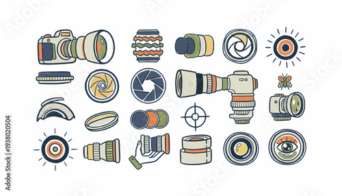 Camera Equipment Icons: Lenses, DSLR, Aperture, Photography Gear